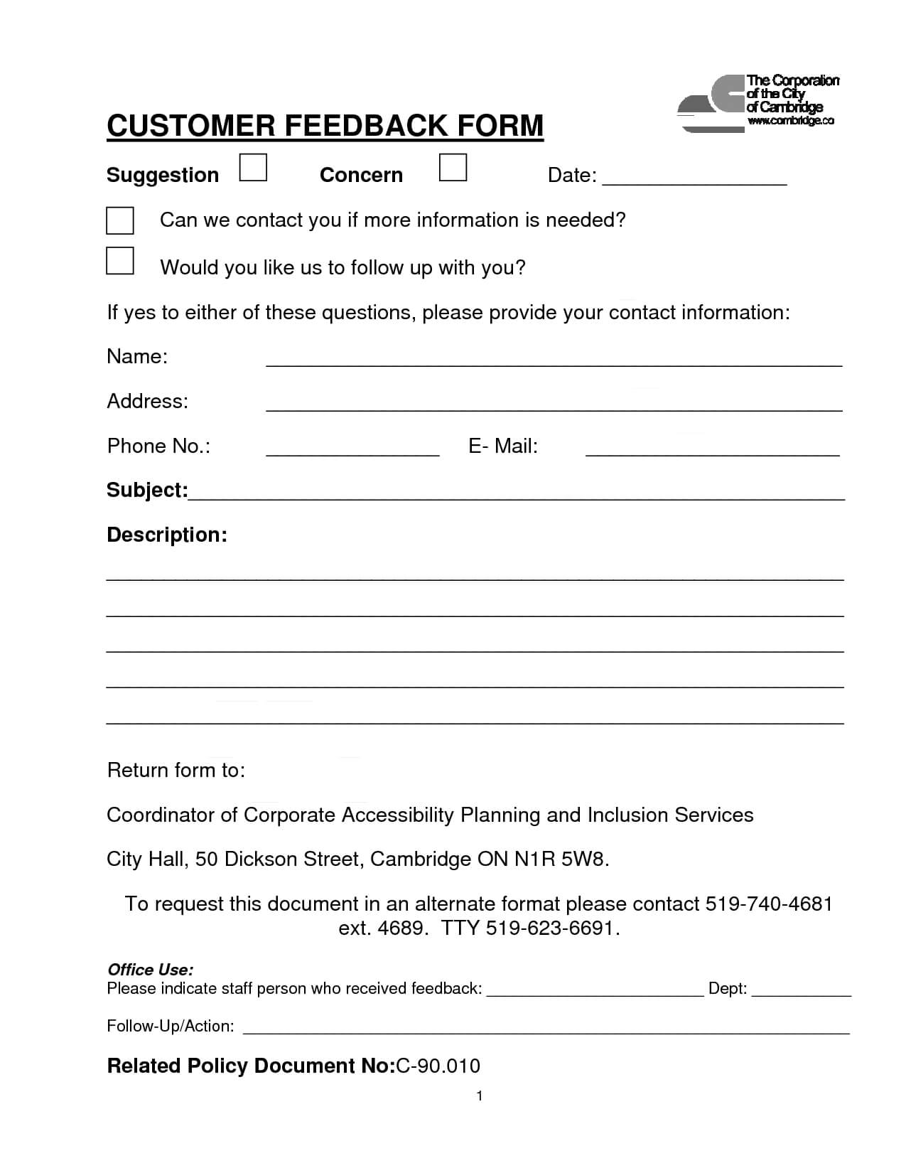 Customer Contact Form | Customer Feedback Form (Pdf Download Throughout Employee Satisfaction Survey Template Word