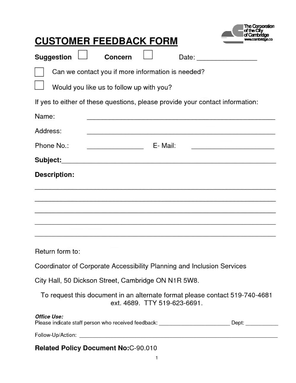 Customer Contact Form | Customer Feedback Form (Pdf Download Within Word Employee Suggestion Form Template