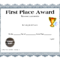 Customizable Printable Certificates | First Place Award within First Place Certificate Template