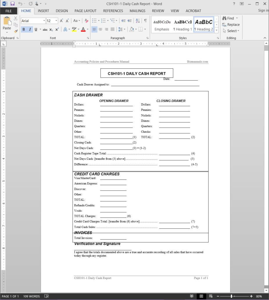 Daily Cash Report Template | Csh101 1 In End Of Day Cash Register Report Template