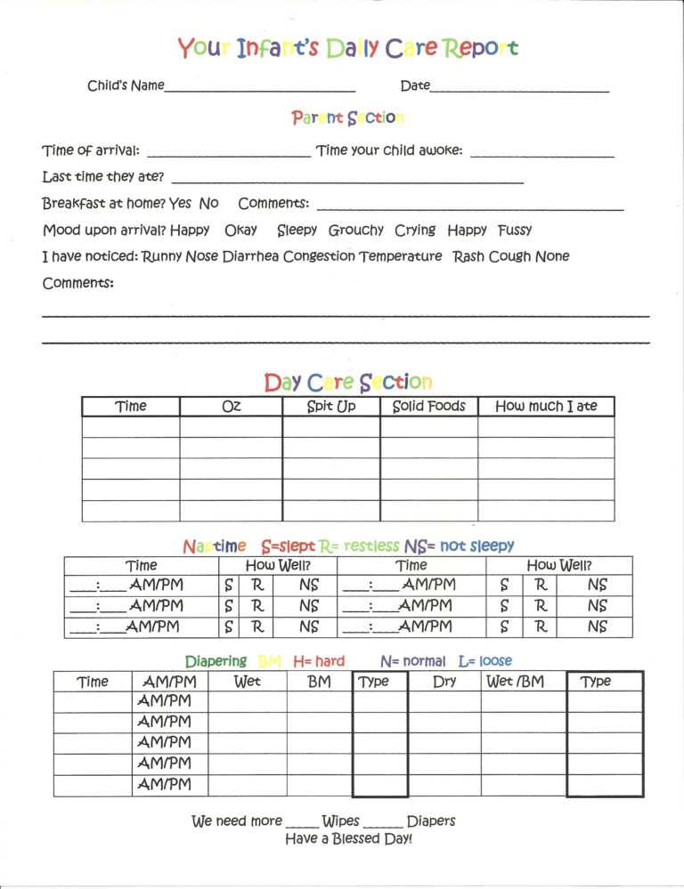 Daycare Infant Daily Report Template