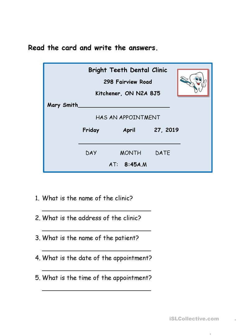Dentist Appointment Card – English Esl Worksheets Intended For Dentist Appointment Card Template