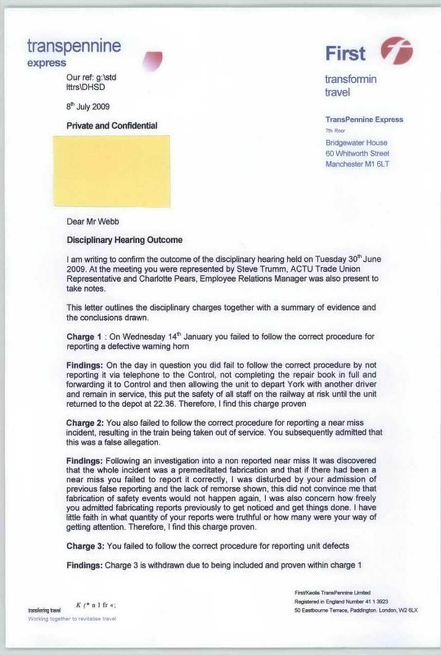 Disciplinary Hearing Outcome Letter - Transpennine Express For Investigation Report Template Disciplinary Hearing