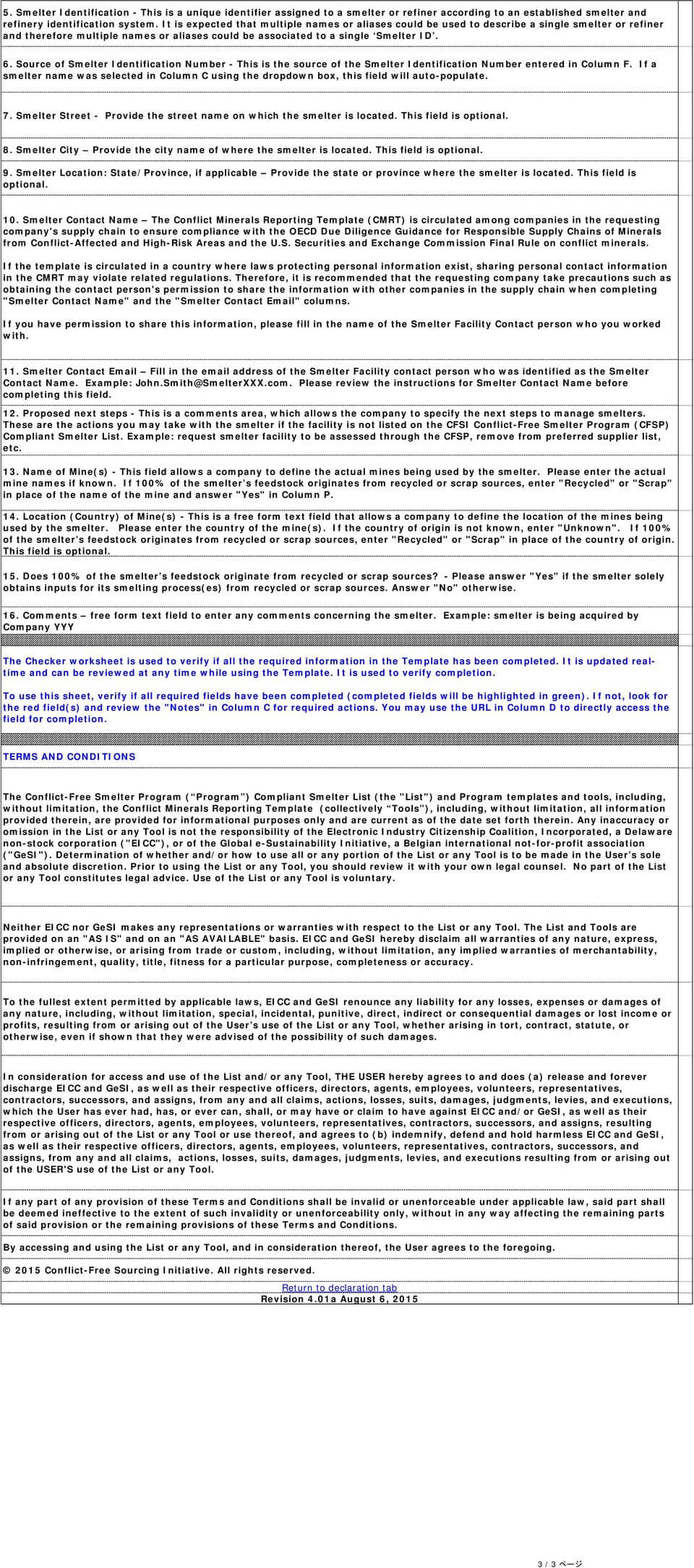 Document Title Conflict Minerals Reporting Template Sheet. 1 With Conflict Minerals Reporting Template