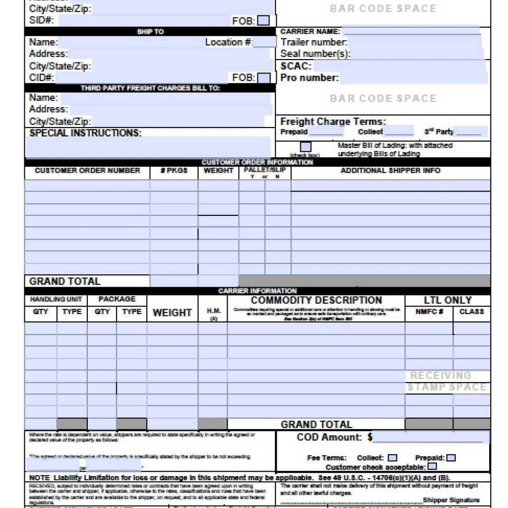 Download Blank Bill Of Lading Forms | Pdf | Word | Excel Regarding Blank Bol Template