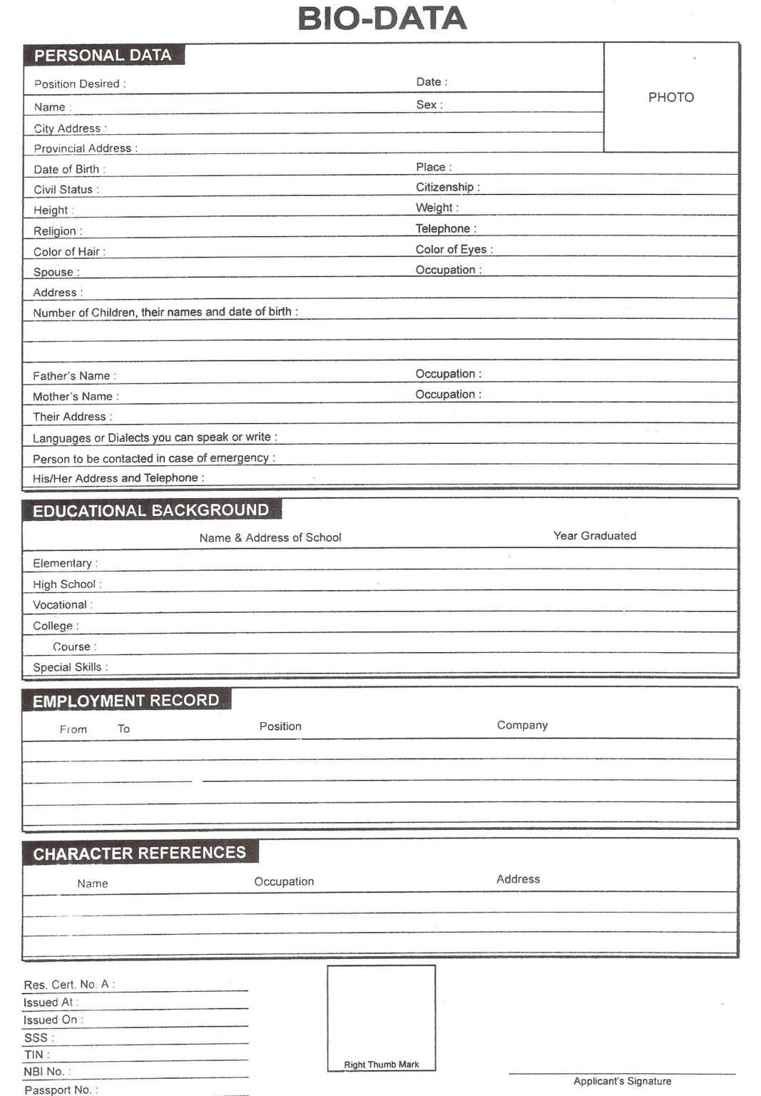 Biodata Blank Sheet 8306