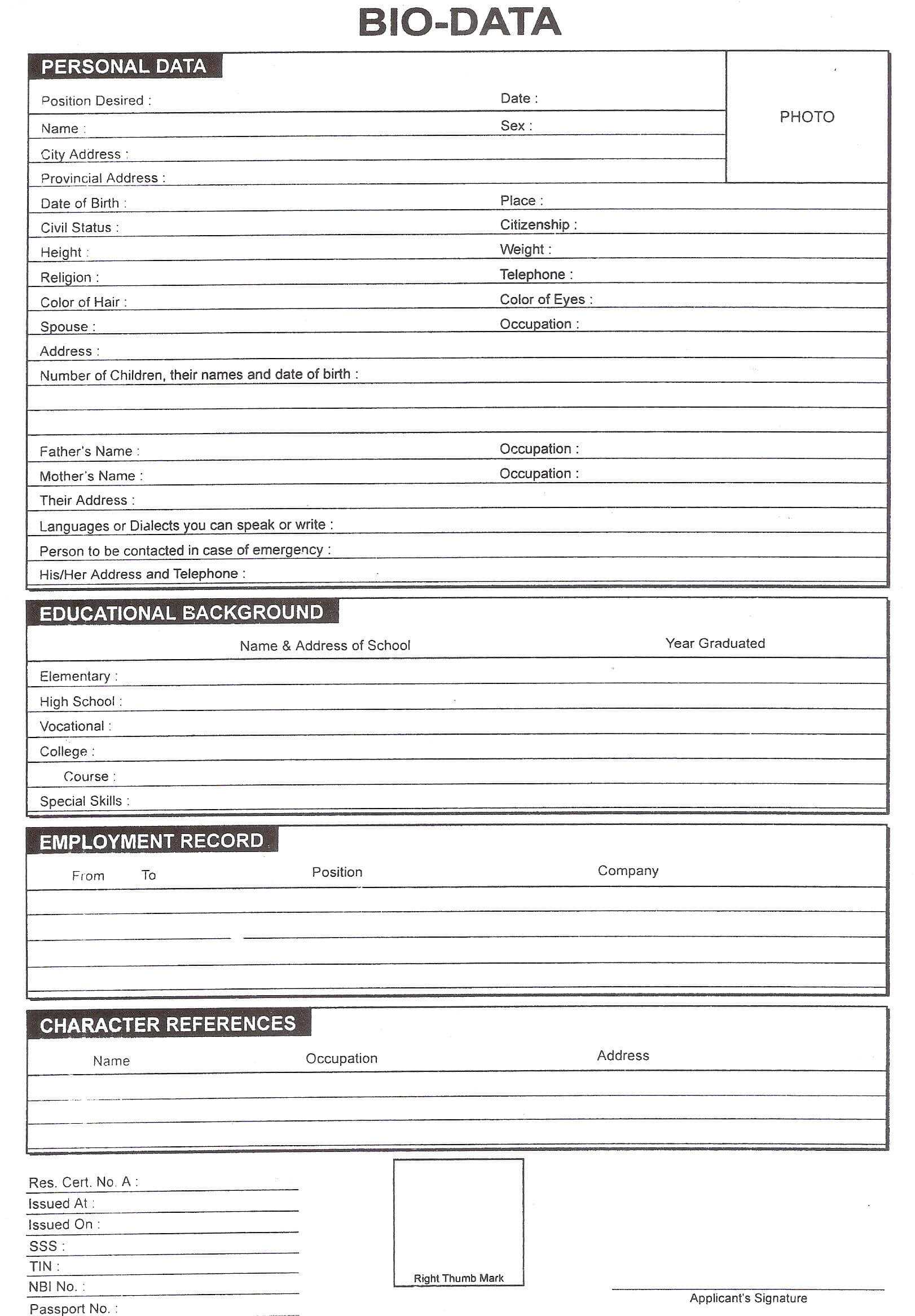 Printable Blank Resume Form Throughout Free Bio Template Fill In Blank