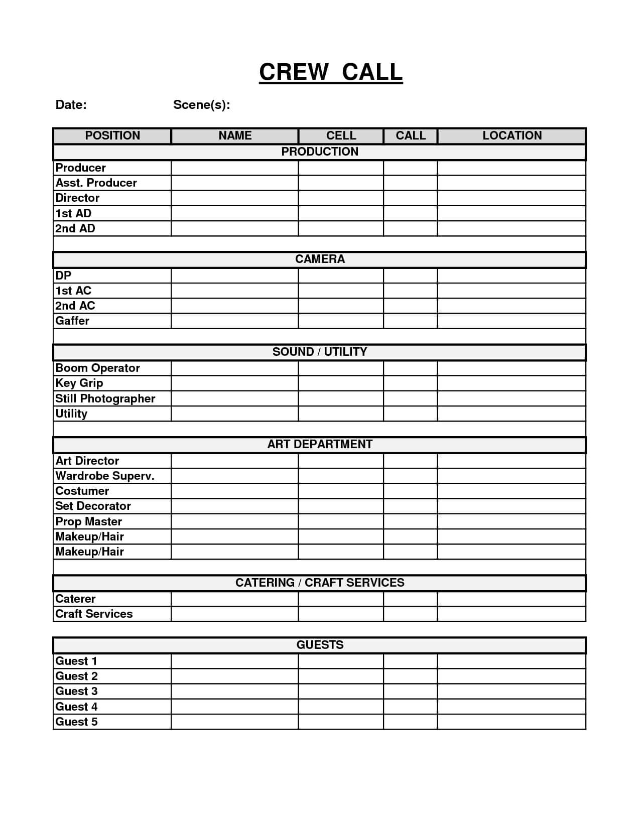 Easy To Use Crew Call And Call Sheet Template Sample : V M D Pertaining To Blank Call Sheet Template
