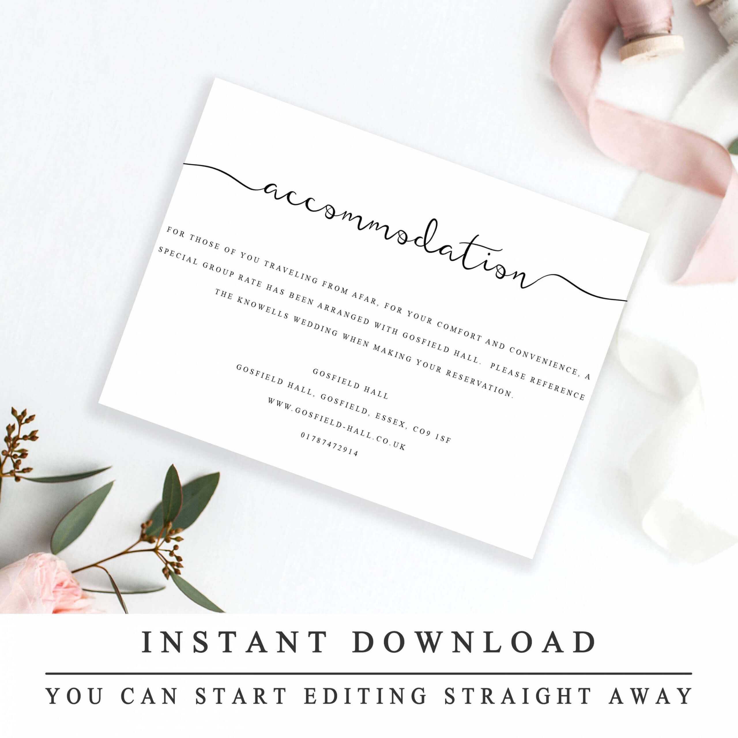 Editable Accommodations Card Insert Wedding Information Card Inside Wedding Hotel Information Card Template