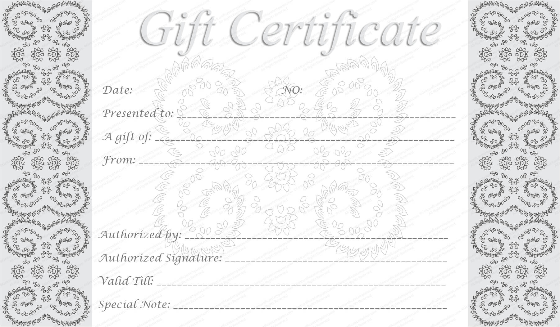 Editable And Printable Silver Swirls Gift Certificate Template Inside Microsoft Gift Certificate Template Free Word