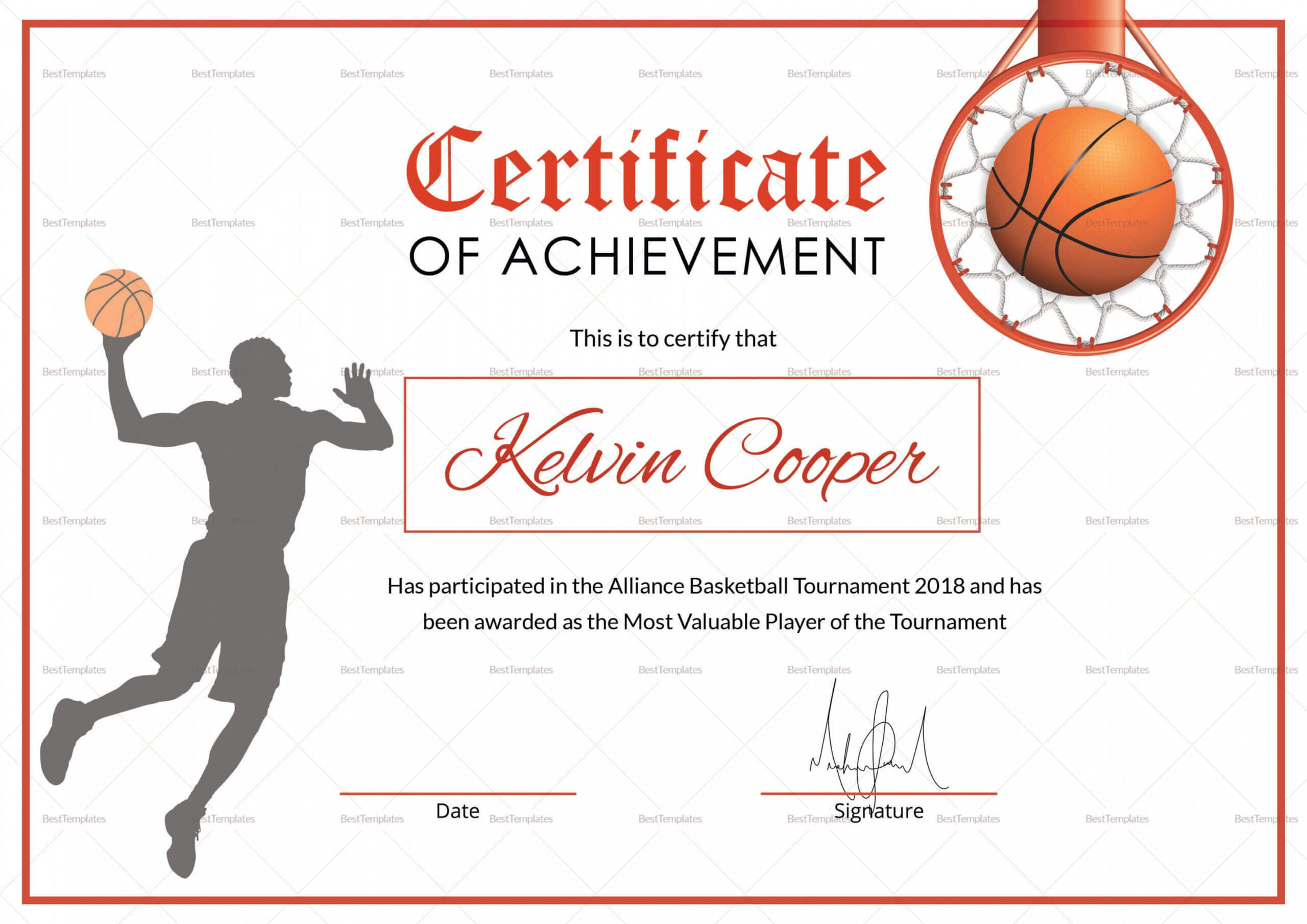 Editable Basketball Award Achievement Certificate Design Pertaining To Sports Award Certificate Template Word