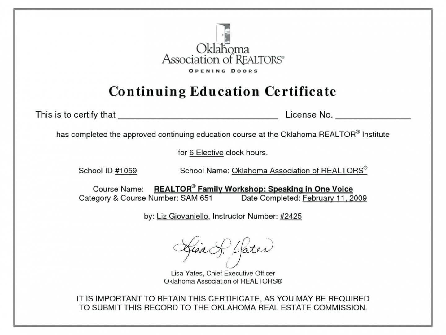 Continuing Education Certificate Template Professional Template Examples