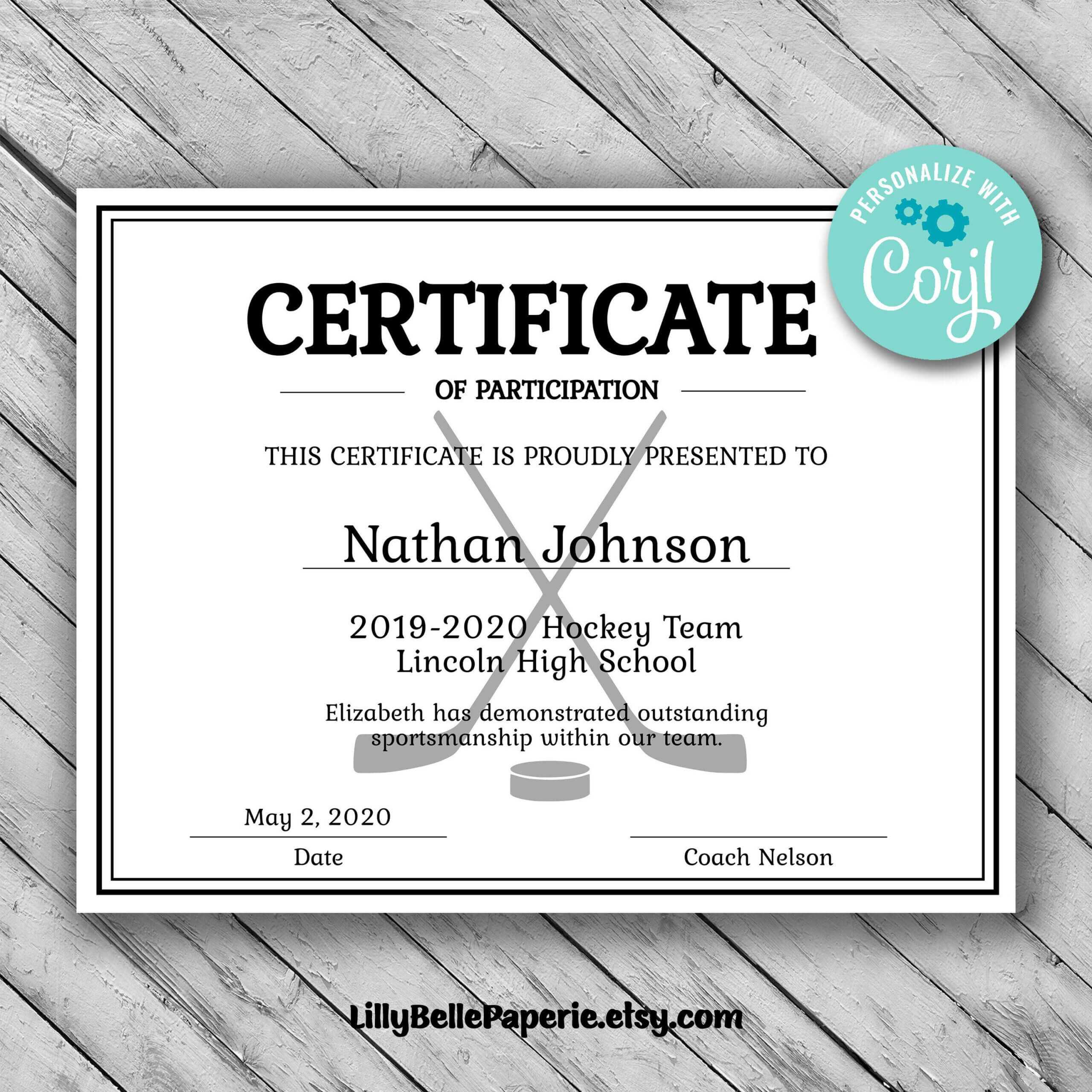 Editable Hockey Sports Team Certificate Template – Printable With Regard To Hockey Certificate Templates