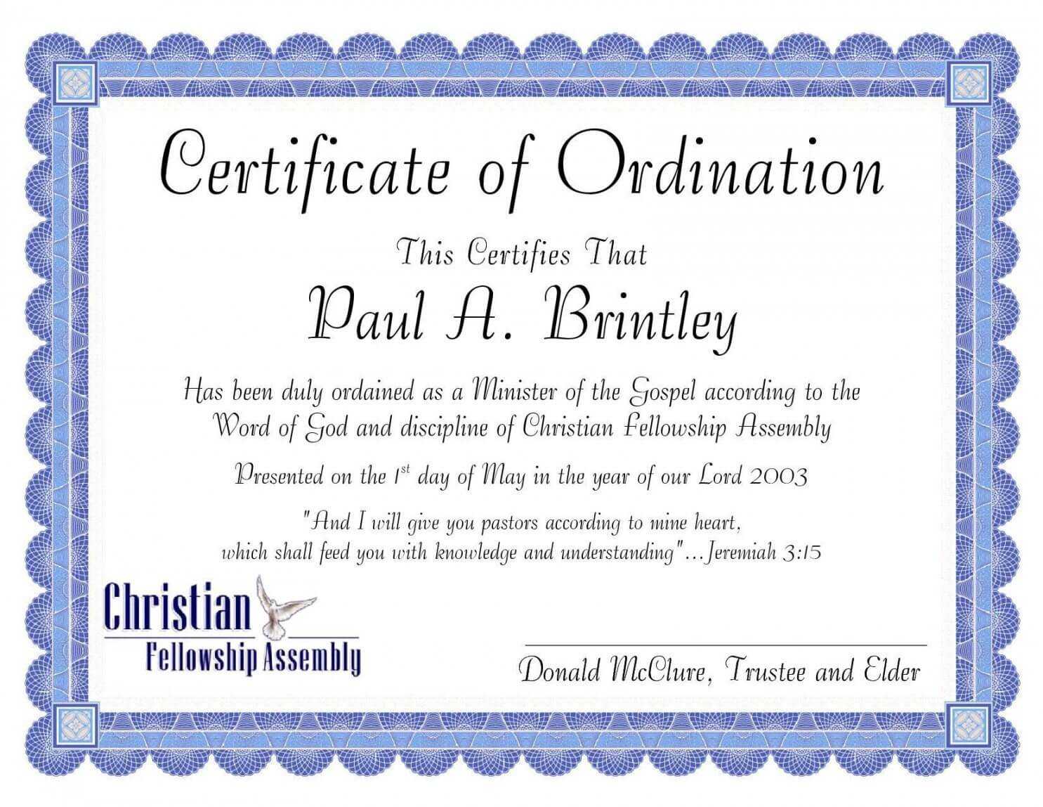 Editable Pastoral Ordination Certificatepatricia Clay Regarding Ordination Certificate Template