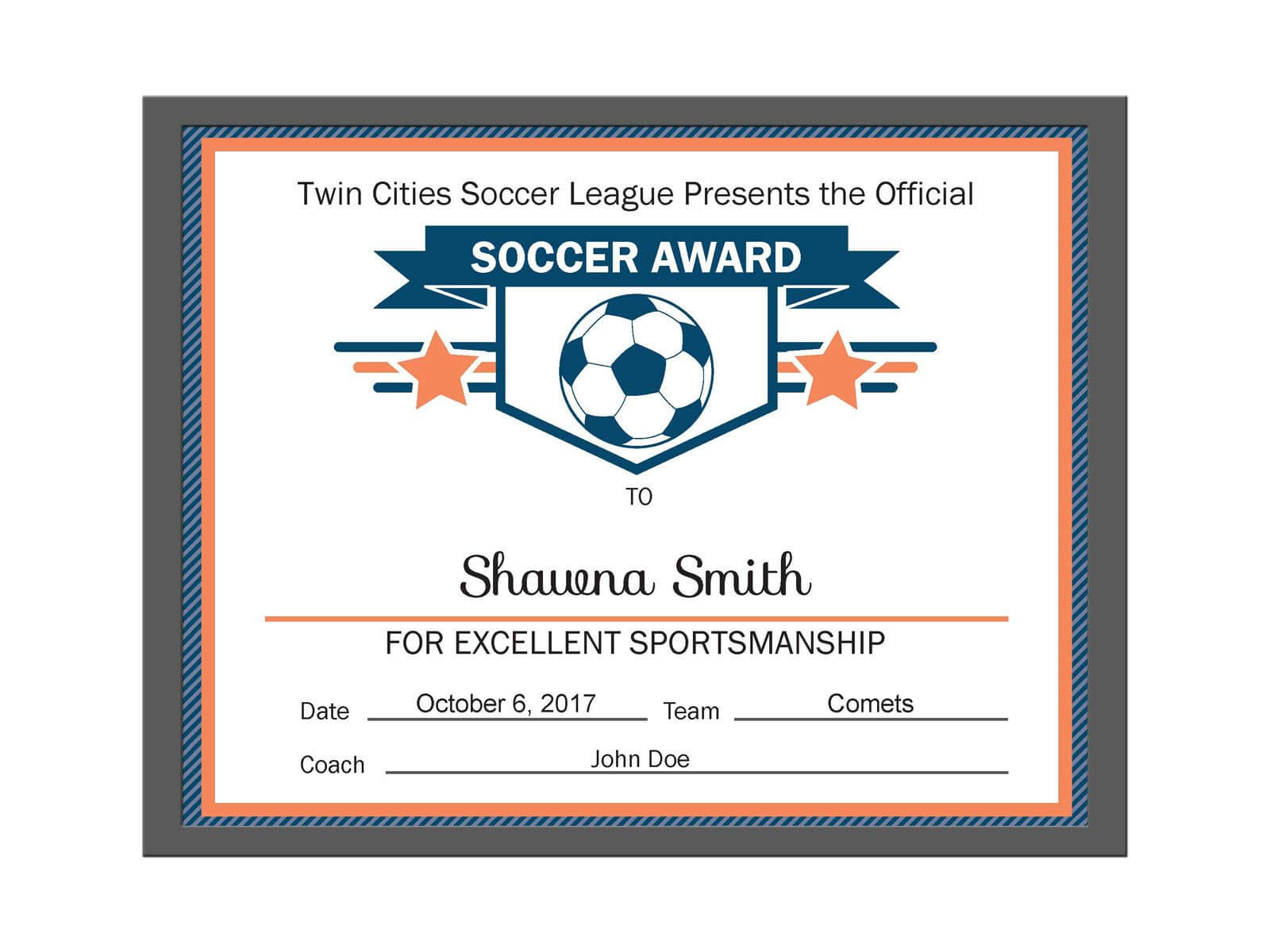 Editable Pdf Sports Team Soccer Certificate Award Template Pertaining To Athletic Certificate Template