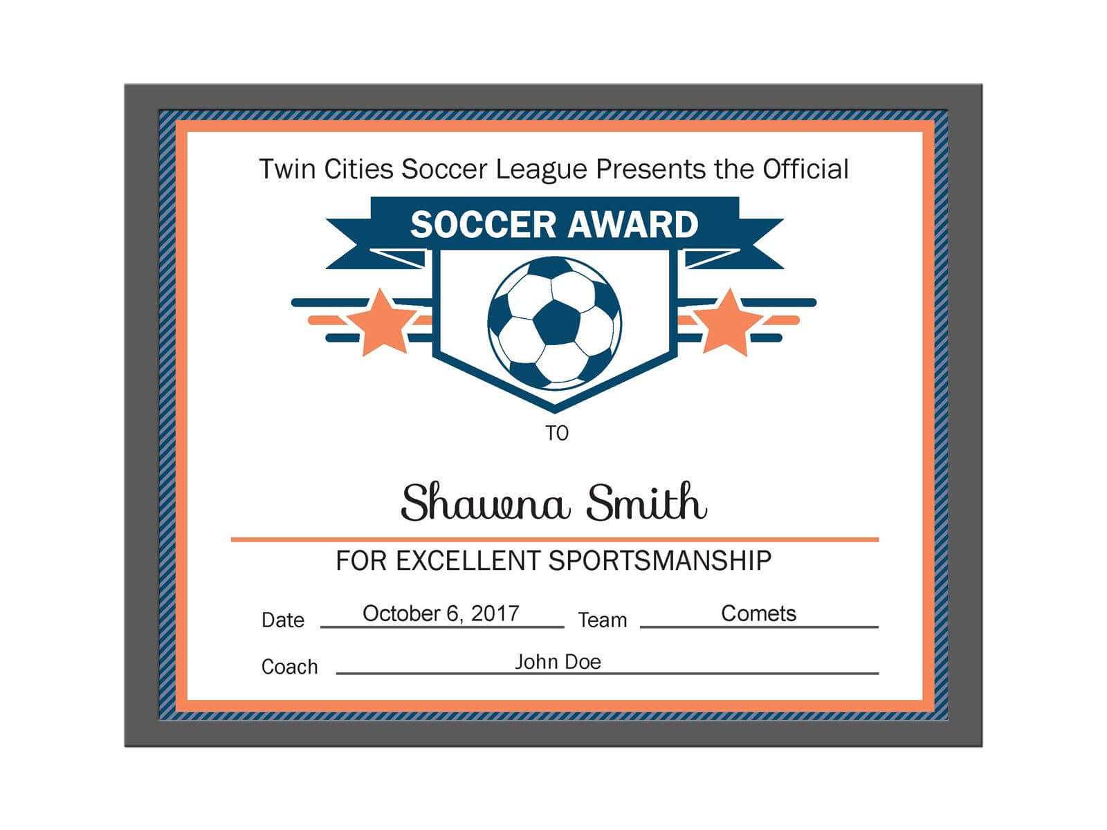 Editable Pdf Sports Team Soccer Certificate Award Template With Regard To Certificate Of Participation Template Pdf