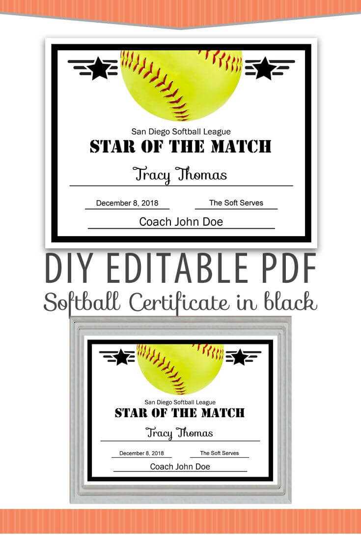 Editable Pdf Sports Team Softball Certificate Diy Award In Softball Certificate Templates