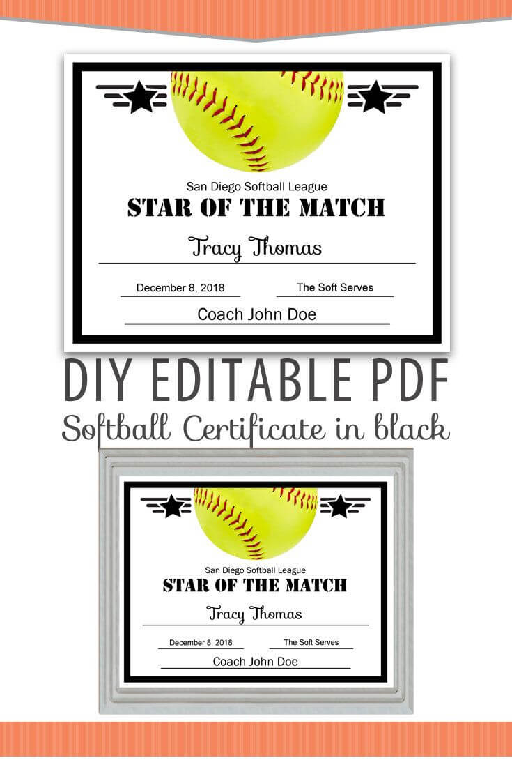 Editable Pdf Sports Team Softball Certificate Diy Award With Regard To Softball Award Certificate Template