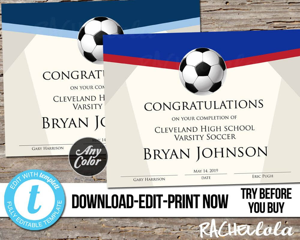 Editable Soccer Award Certificate, Custom Printable Template Regarding Soccer Award Certificate Template