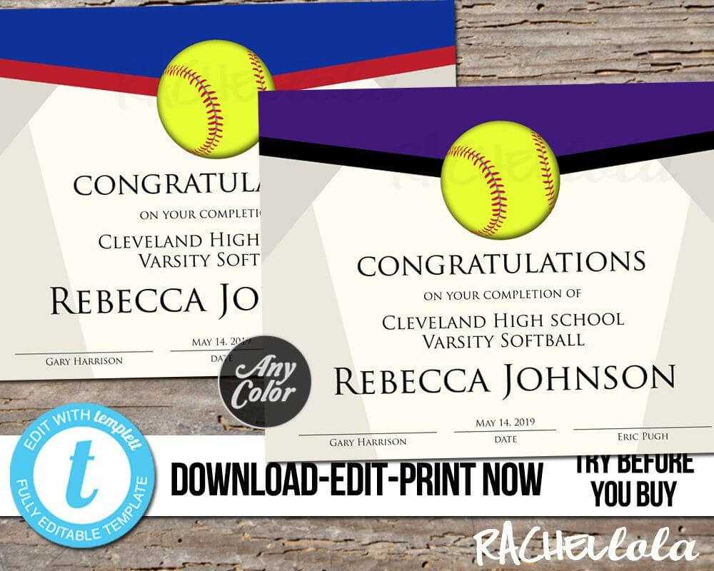 Editable Softball Award Certificate, Custom Printable In Softball Certificate Templates Free