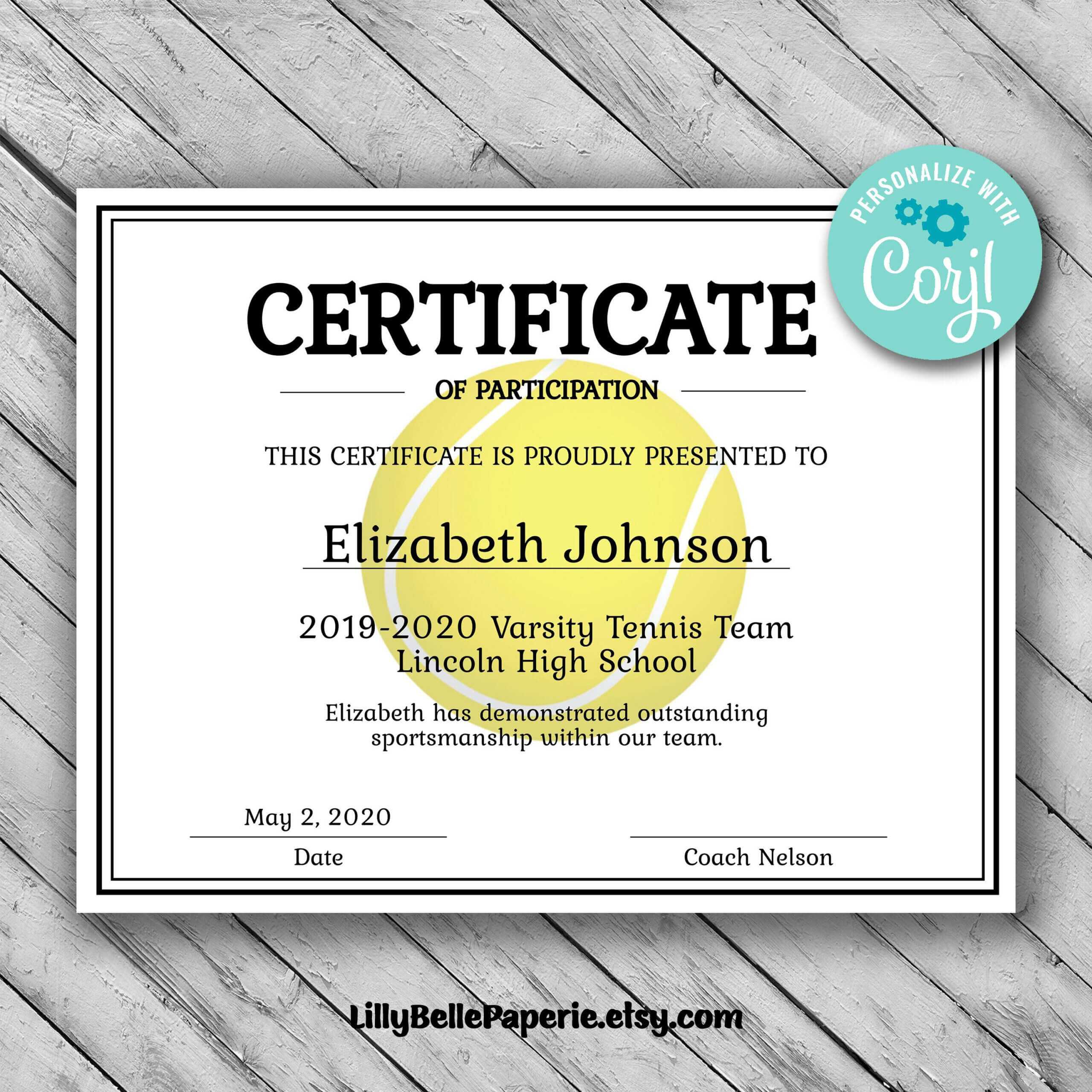 Editable Tennis Certificate Template – Printable Certificate For Tennis Gift Certificate Template