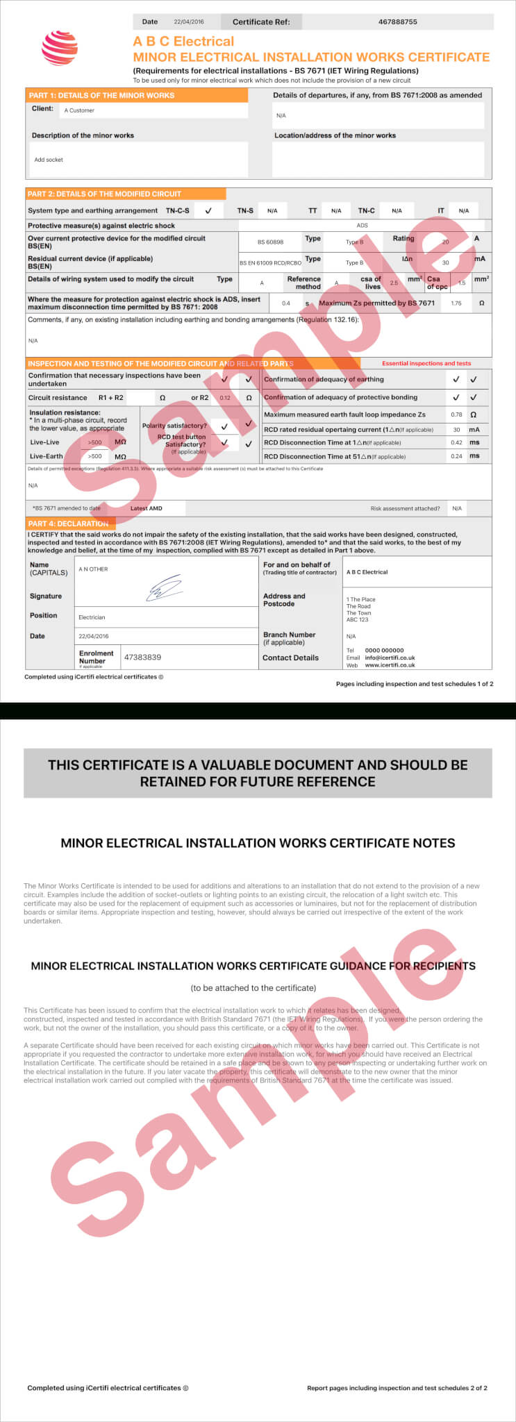 Electrical Certificate – Example Minor Works Certificate In Electrical Installation Test Certificate Template