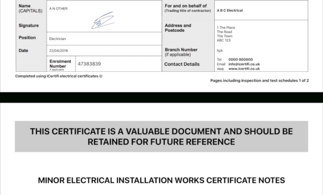 Electrical Minor Works Certificate Template