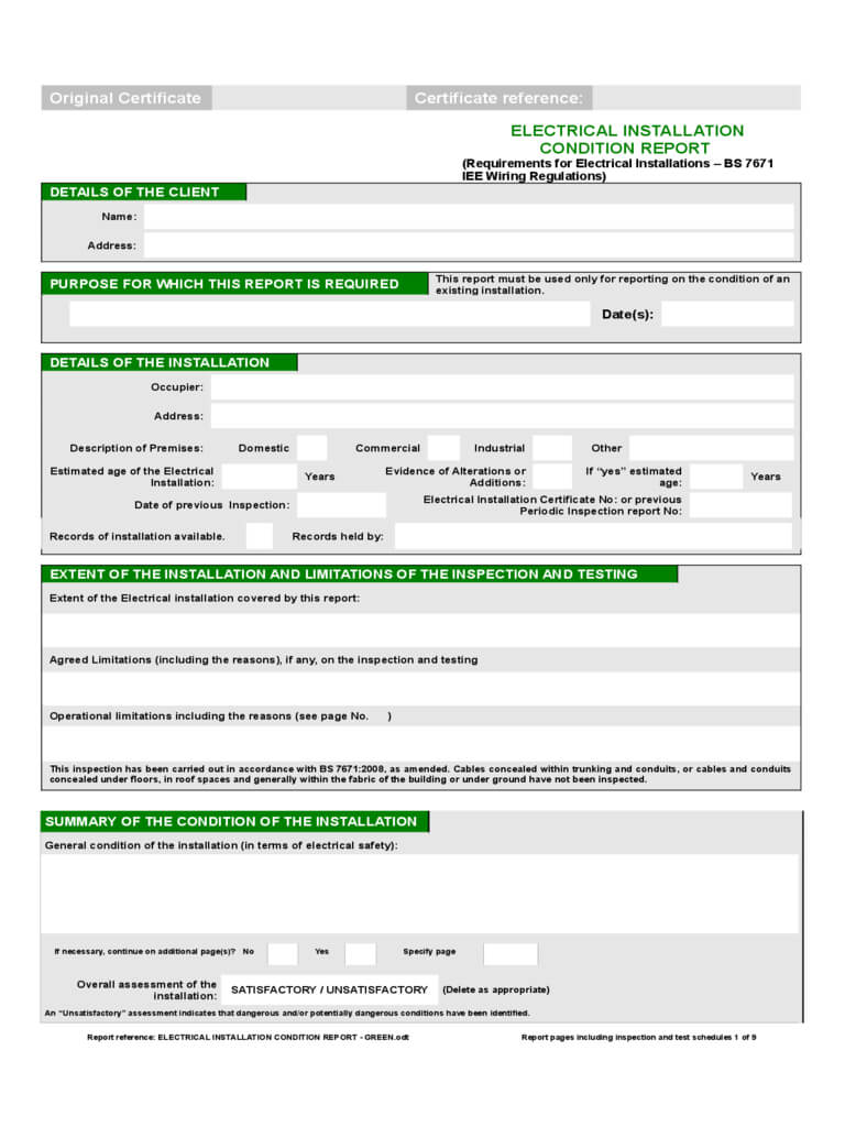 Electrical Installation Condition Report Form – 2 Free For Electrical Installation Test Certificate Template