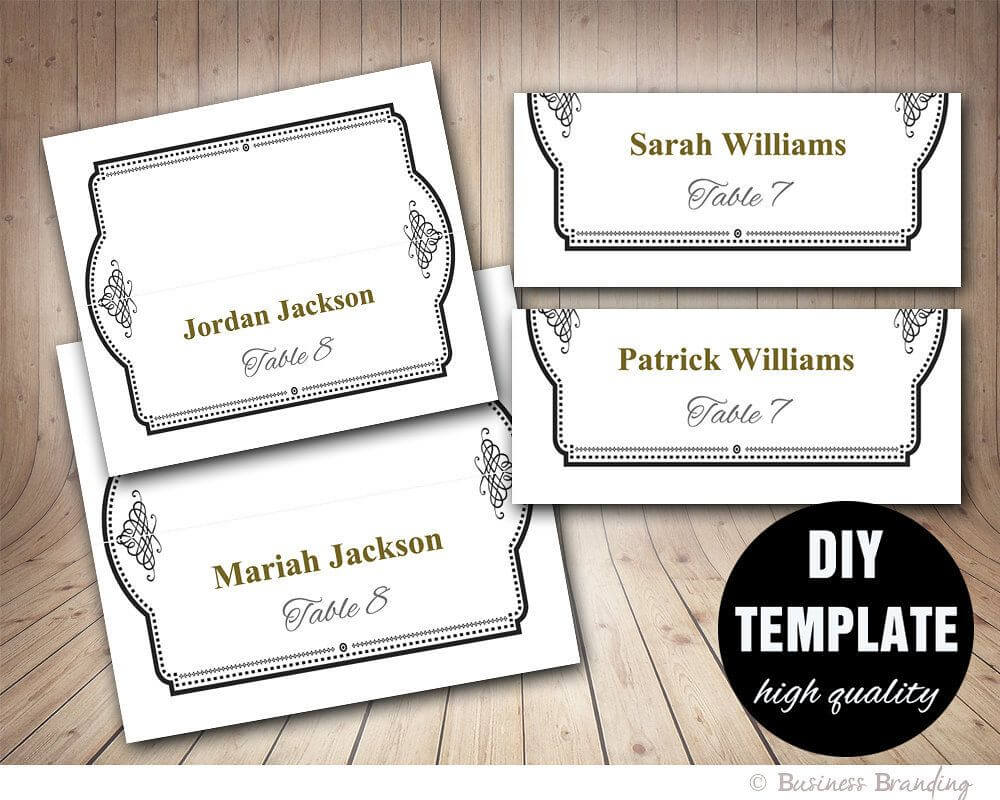 Elegant Wedding Placecard Template Foldover, Diy Black Gold With Regard To Fold Over Place Card Template