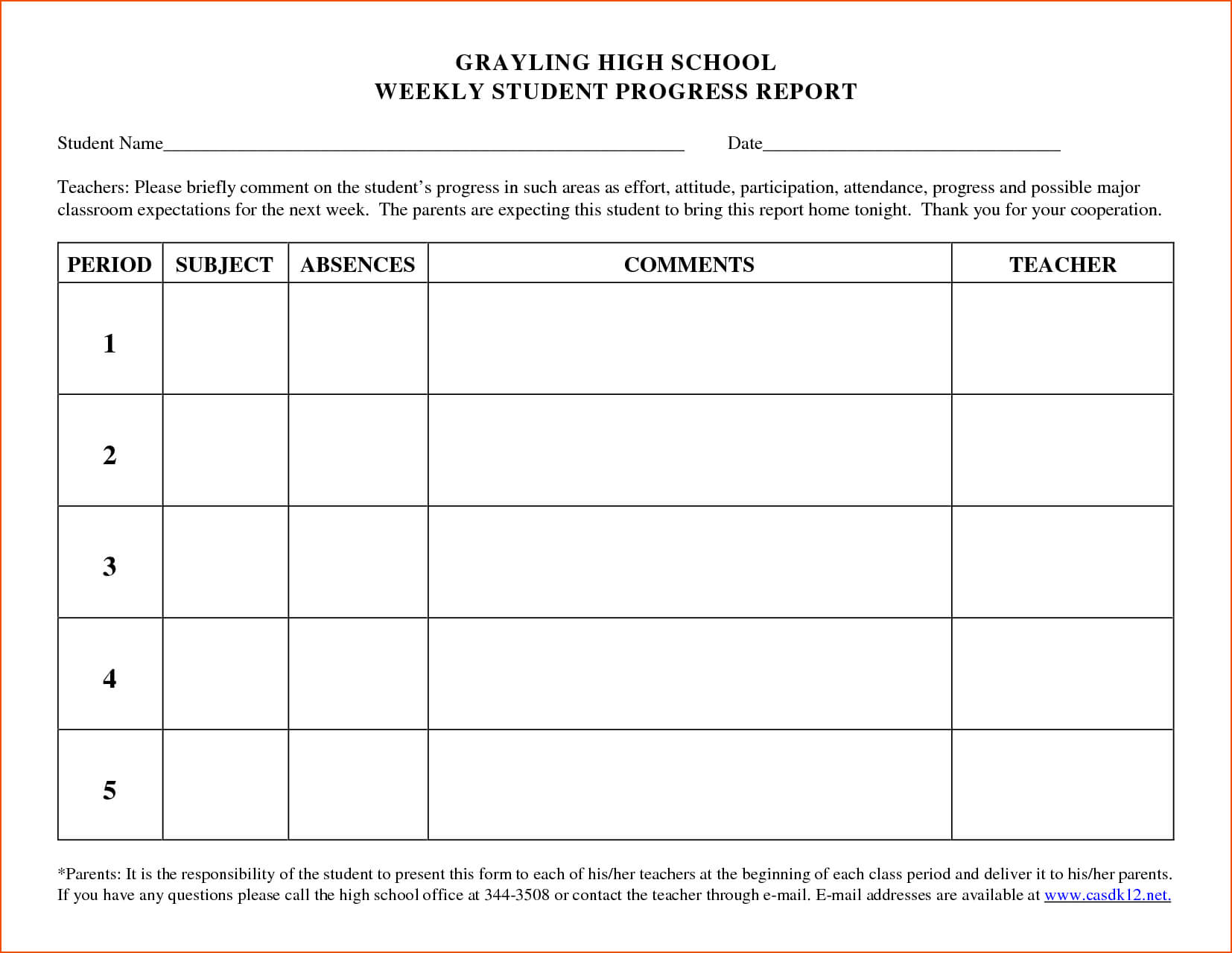 Elementary Student Progress Report Template | Sample With High School Progress Report Template