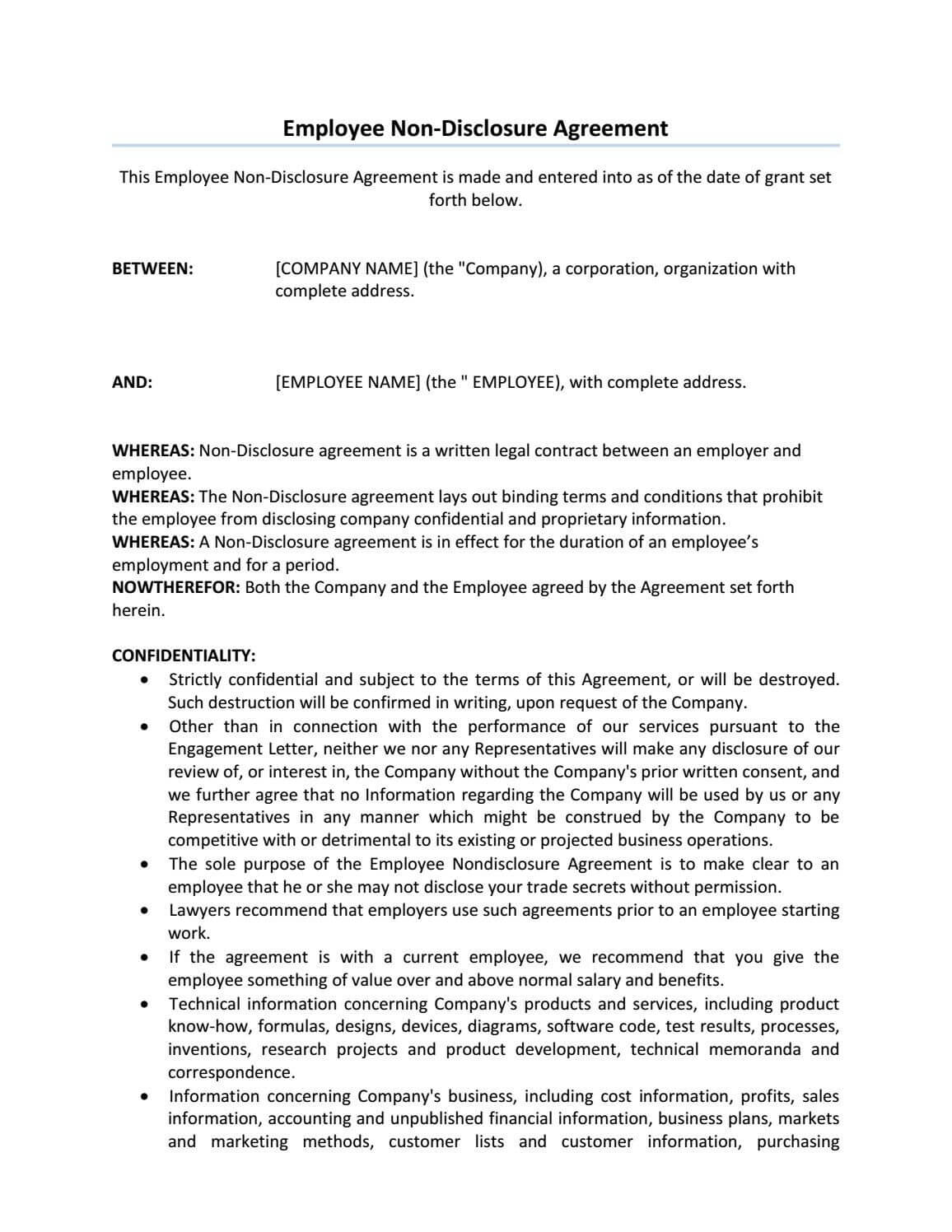 Employee Non Disclosure Agreement | Non Disclosure Agreement With Nda Template Word Document