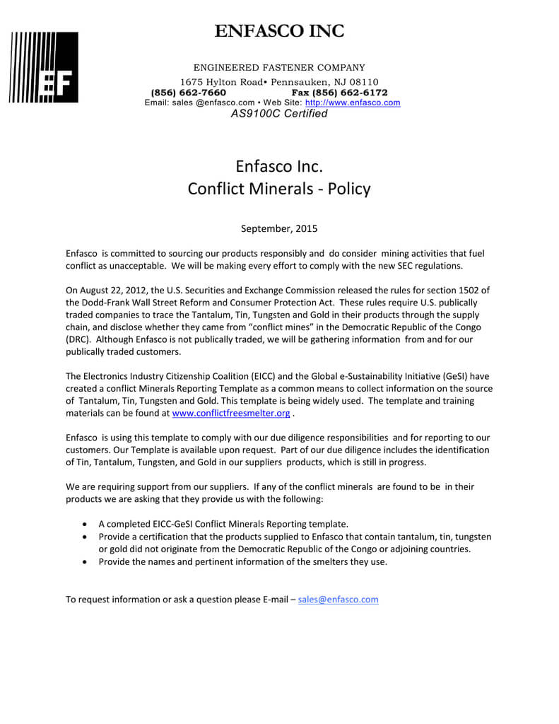 Enfasco Inc Enfasco Inc. Conflict Minerals – Policy Intended For Eicc Conflict Minerals Reporting Template