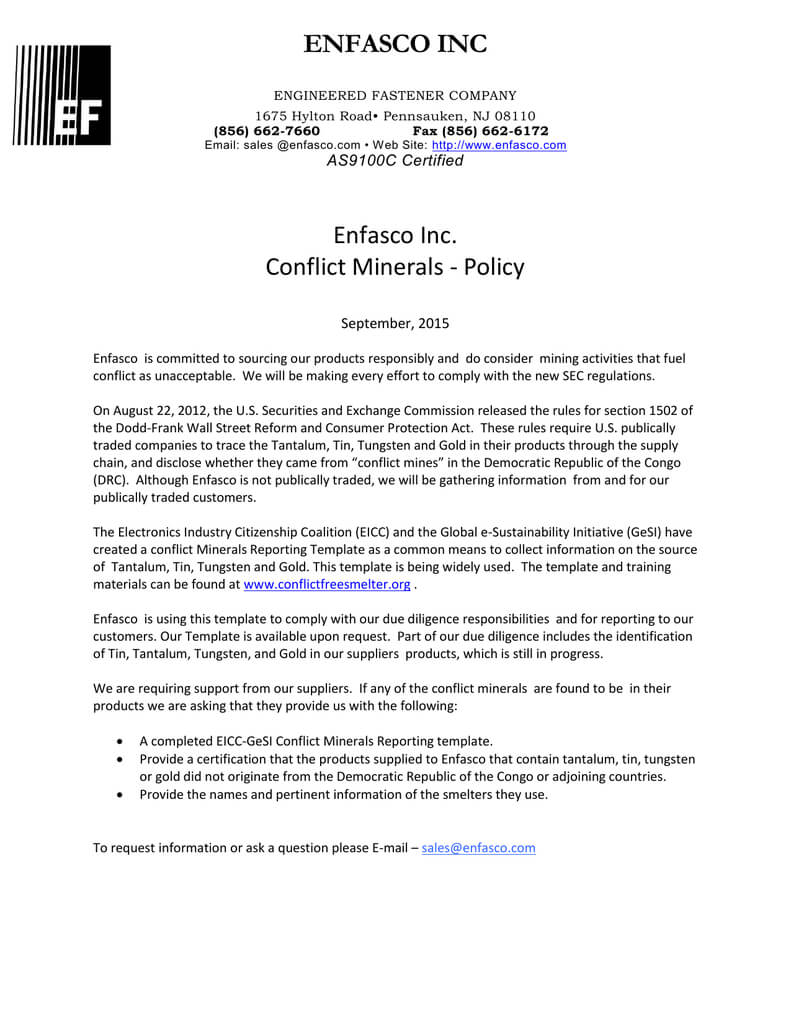 Enfasco Inc Enfasco Inc. Conflict Minerals - Policy With Regard To Conflict Minerals Reporting Template