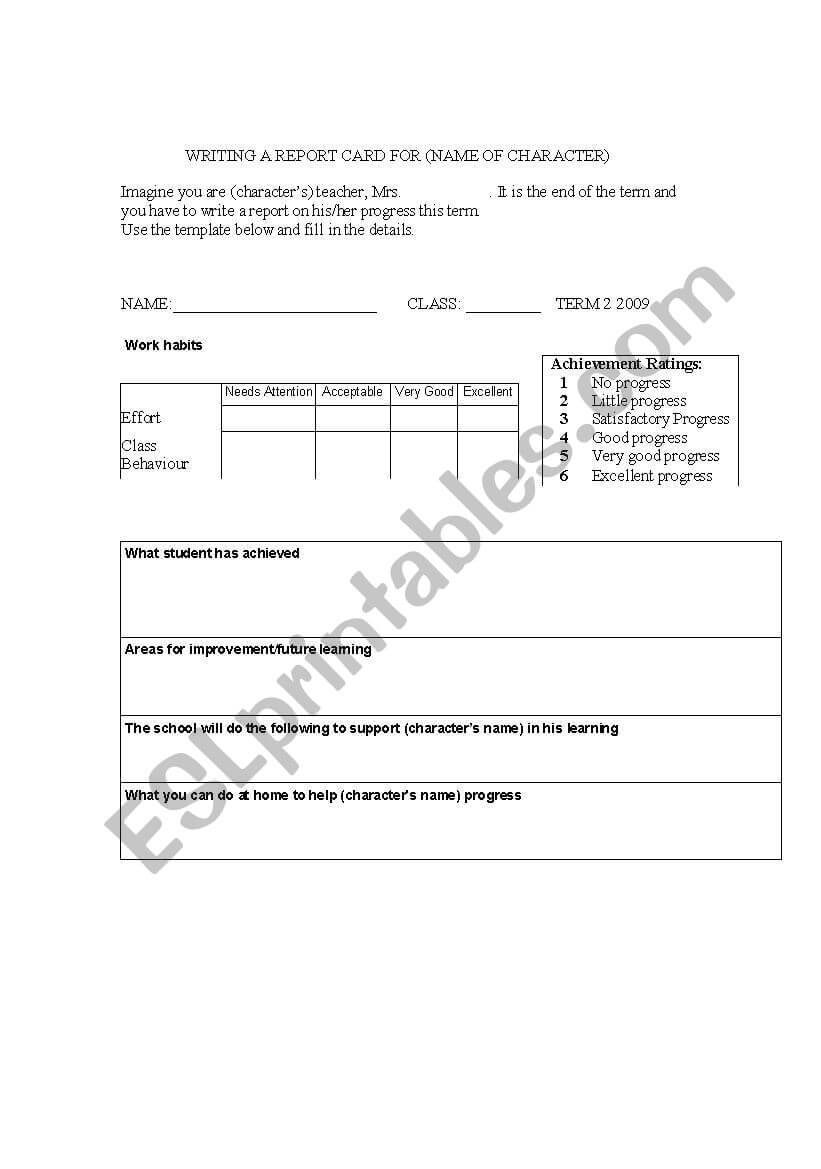 English Worksheets: Writng A Report Card For A Character With Regard To Character Report Card Template