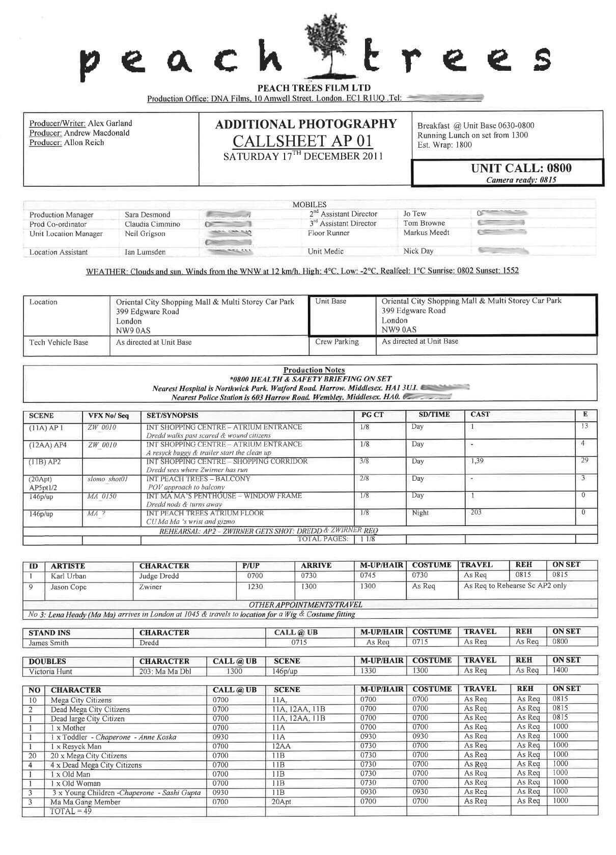 Example Of A Real Call Sheet (The Template You Will Use Will Inside Film Call Sheet Template Word