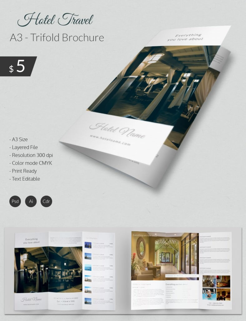 Excellent Hotel & Travel A3 Tri Fold Brochure Template Intended For Hotel Brochure Design Templates