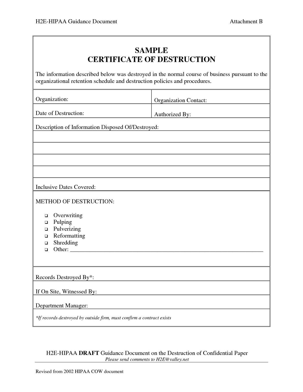 Exceptional Certificate Of Destruction Template Ideas Inside Certificate Of Disposal Template