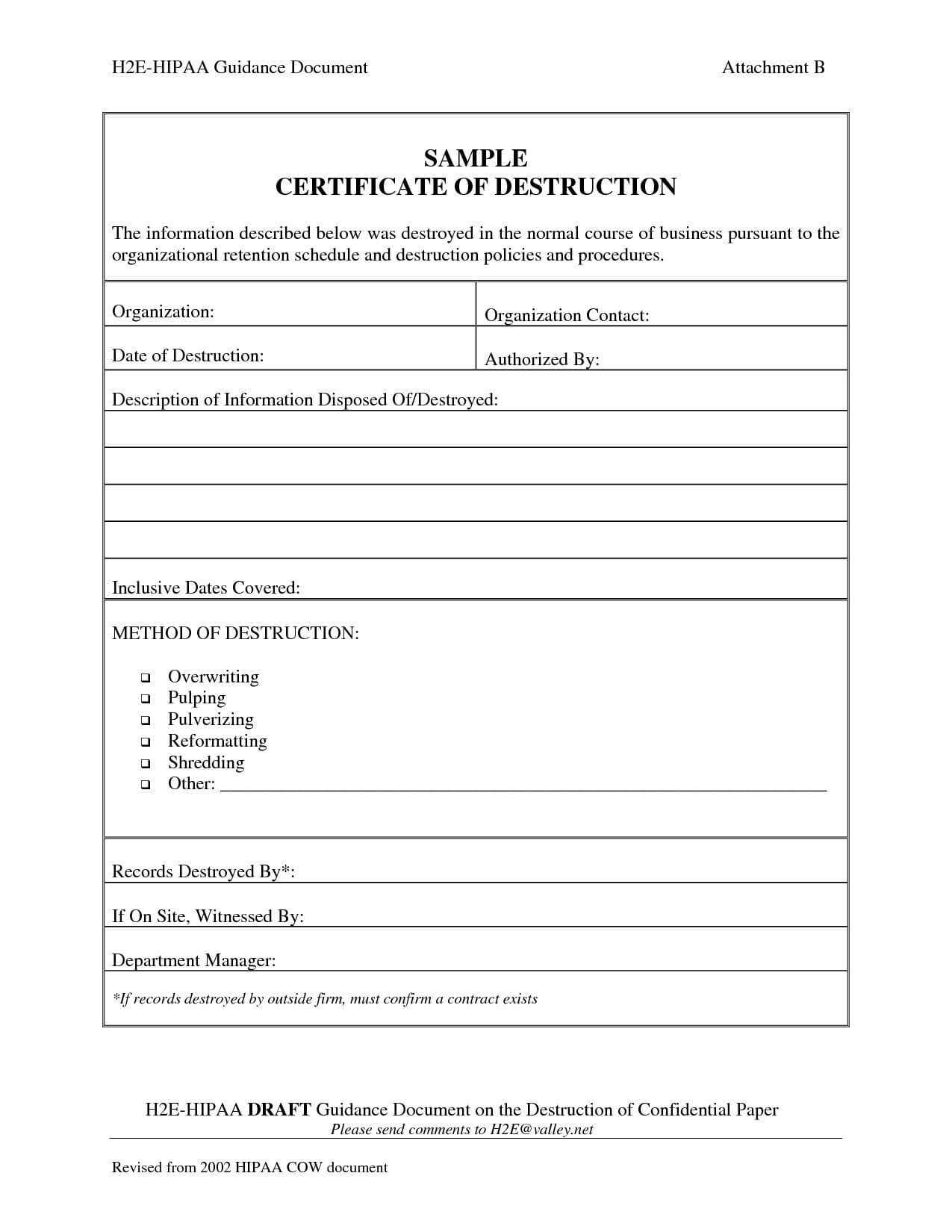 Exceptional Certificate Of Destruction Template Ideas Inside Certificate Of Disposal Template