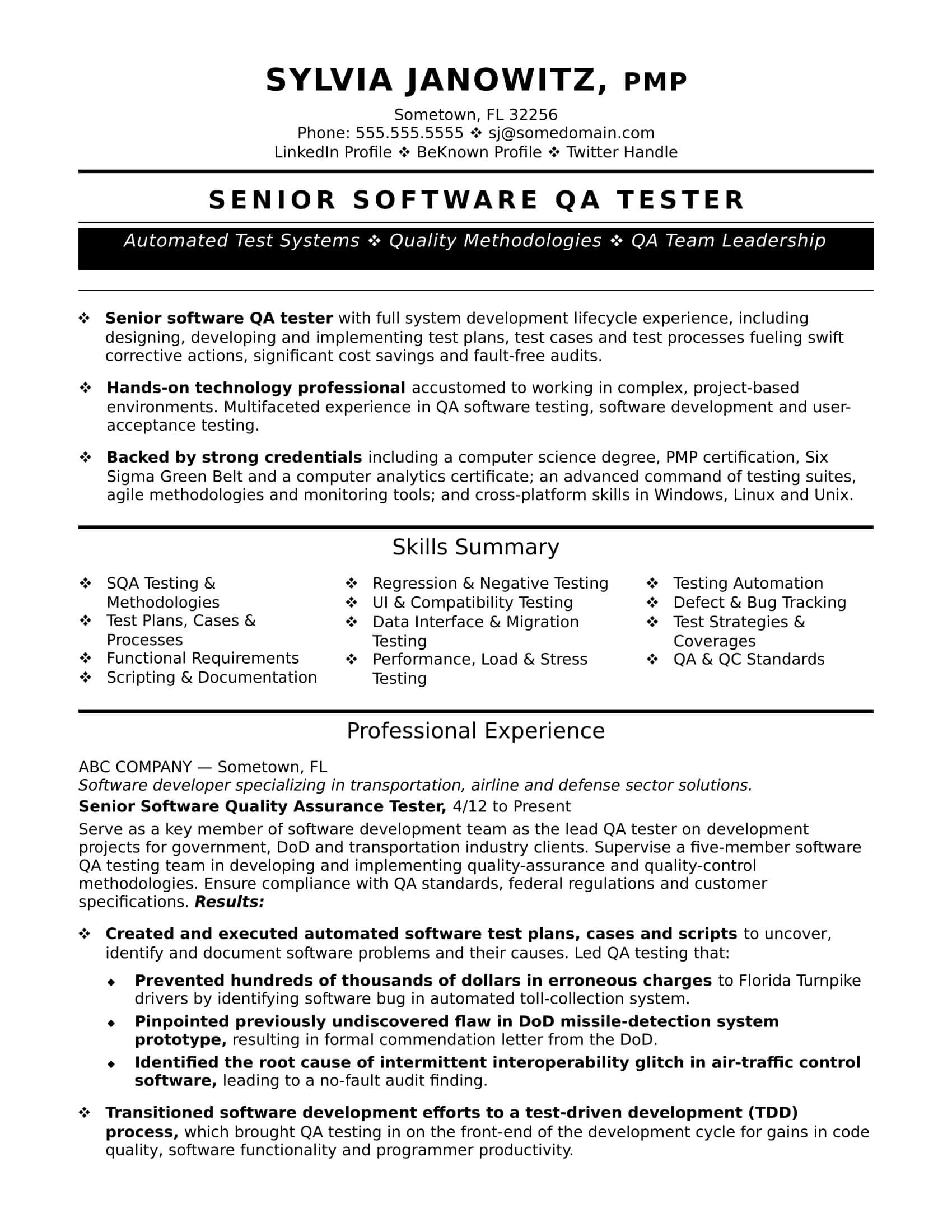 Experienced Qa Software Tester Resume Sample | Monster In Software Test Plan Template Word