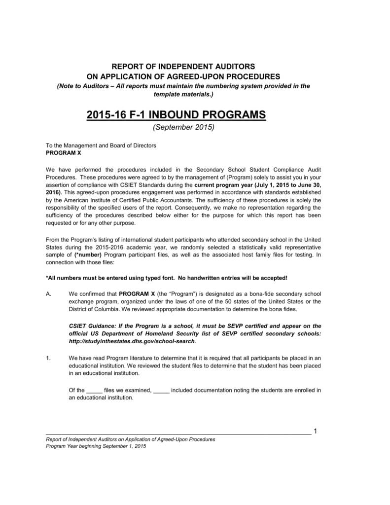 F 1 Compliance Audit Report Inside Agreed Upon Procedures Report Template
