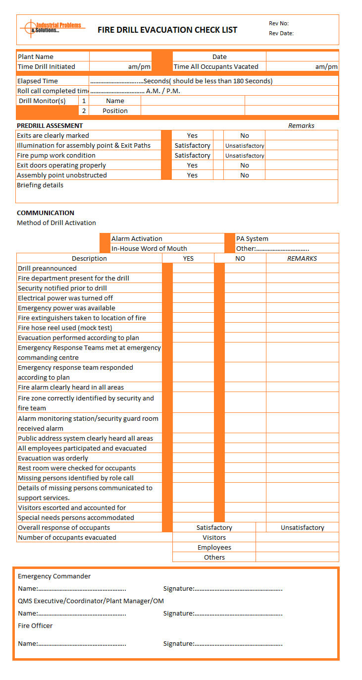 Fire Drill Evacuation Checklist | Format | Example Inside Fire Evacuation Drill Report Template