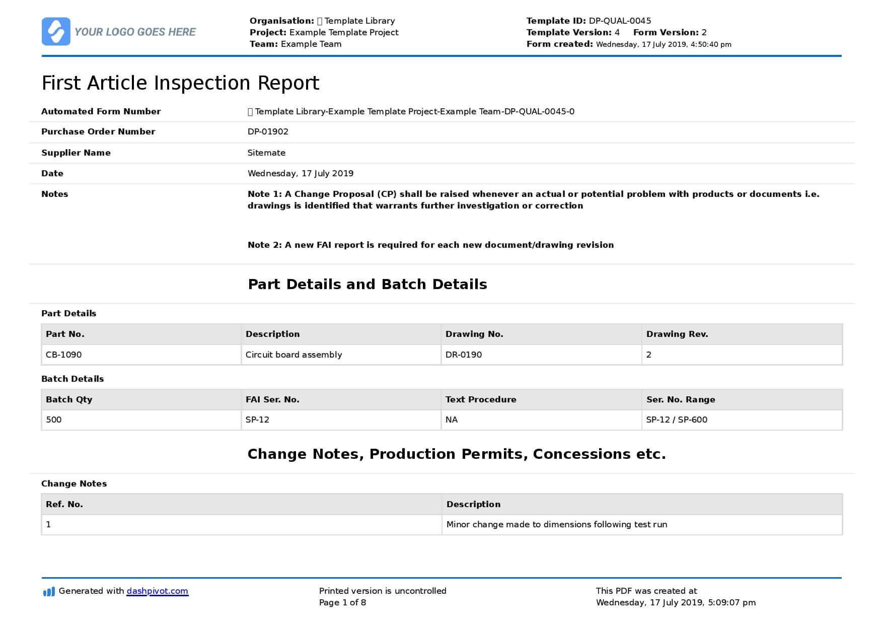 First Article Inspection Form Template: Free & Editable Pertaining To Engineering Inspection Report Template
