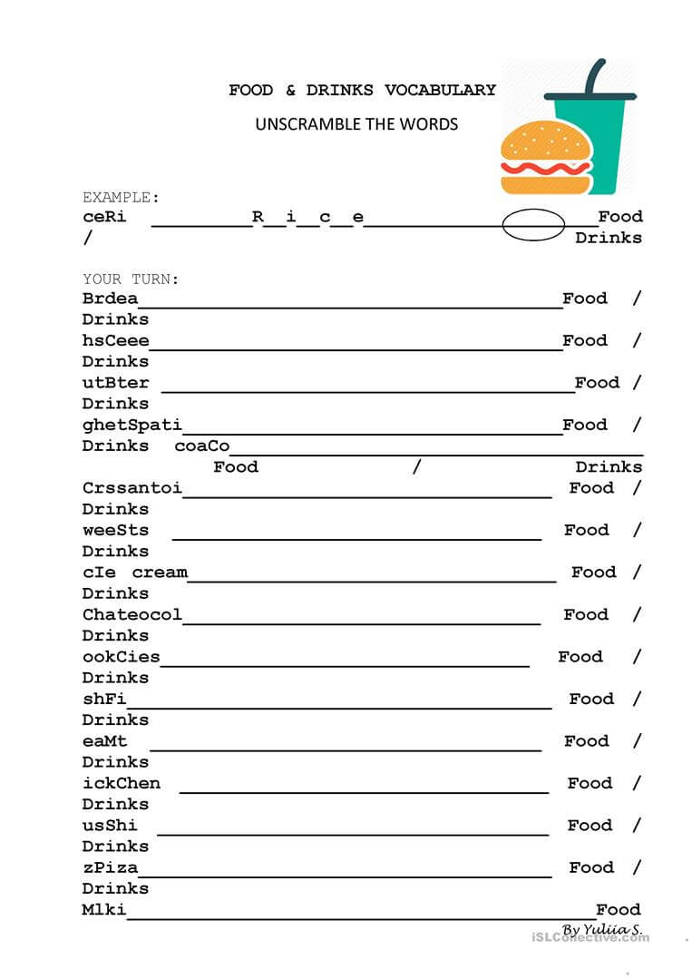 Food And Drinks Vocabulary Unscramble – English Esl Worksheets With Vocabulary Words Worksheet Template
