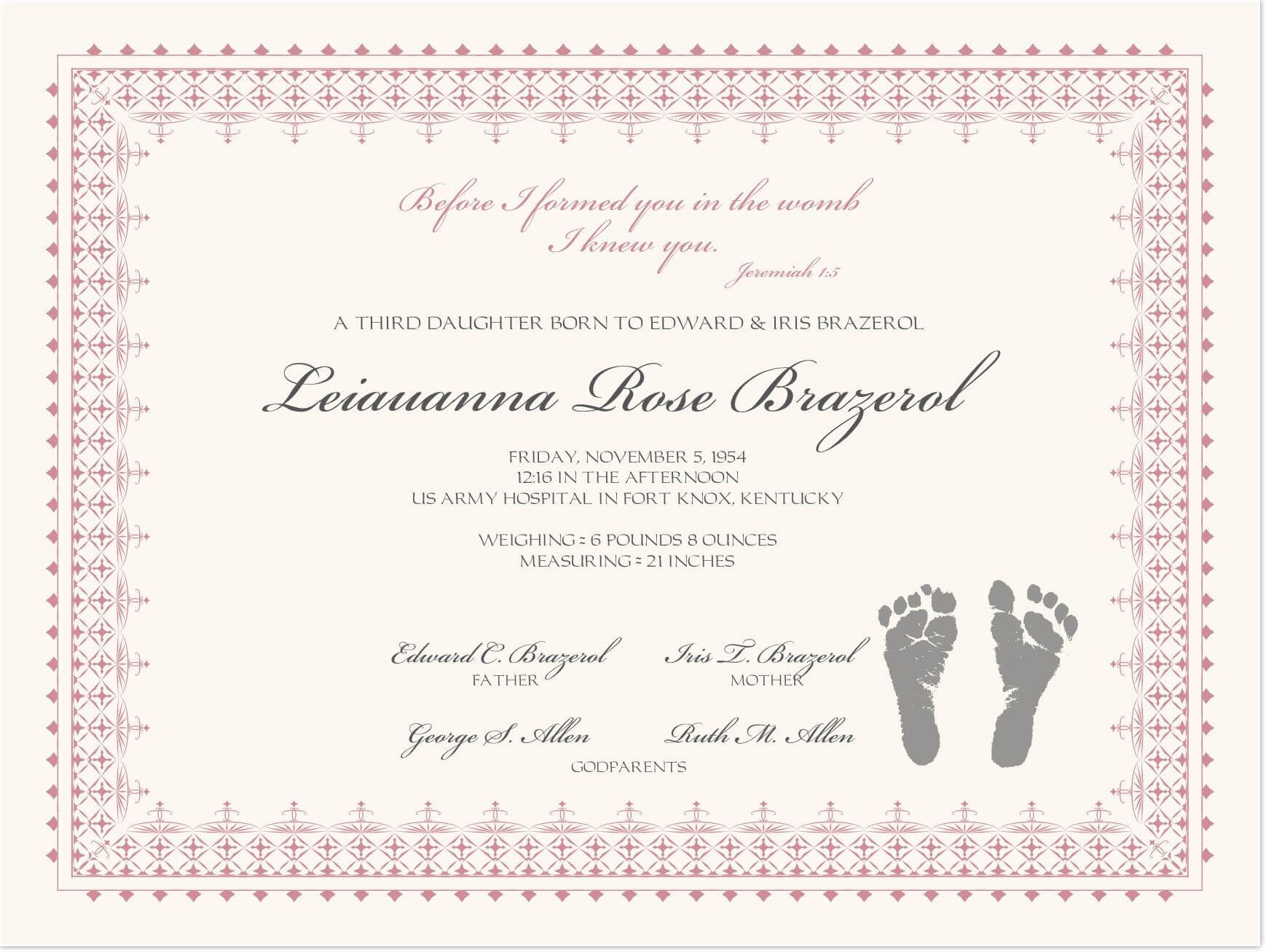 Footprints Baby Certificates | Birth Certificate Template Intended For Baby Doll Birth Certificate Template