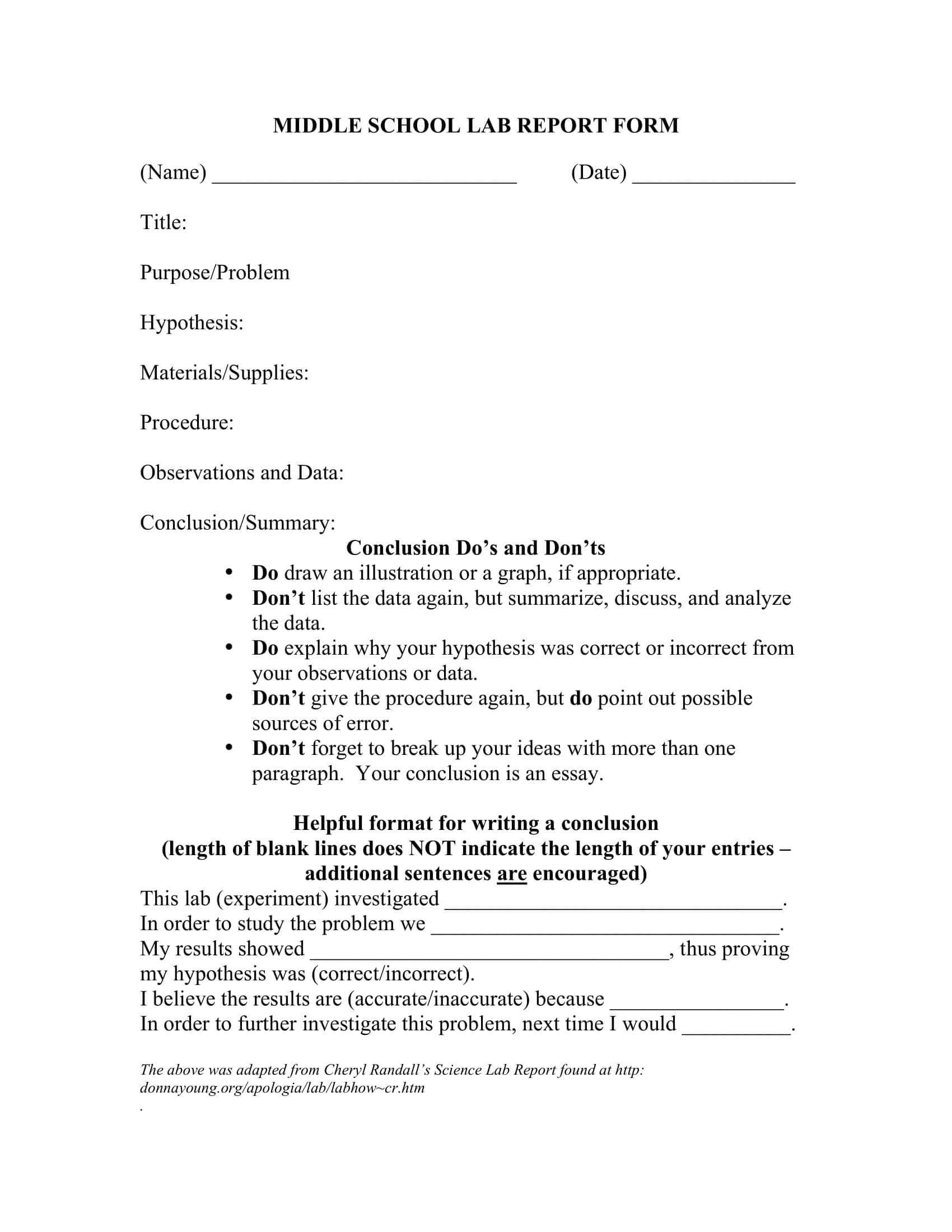 Middle School Lab Report Example