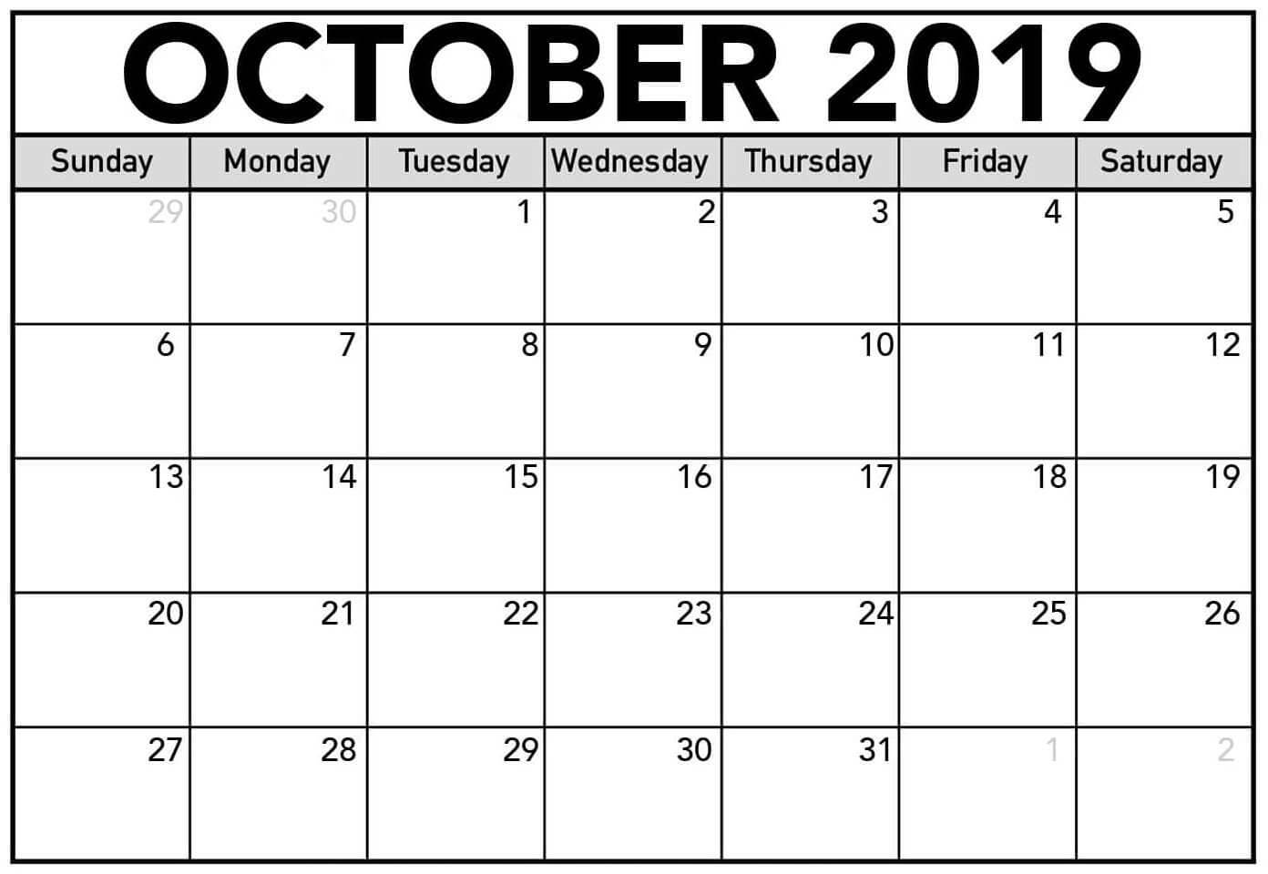 Free Blank Calendar October 2019 Printable – 2019 Calendars With Blank Calendar Template For Kids