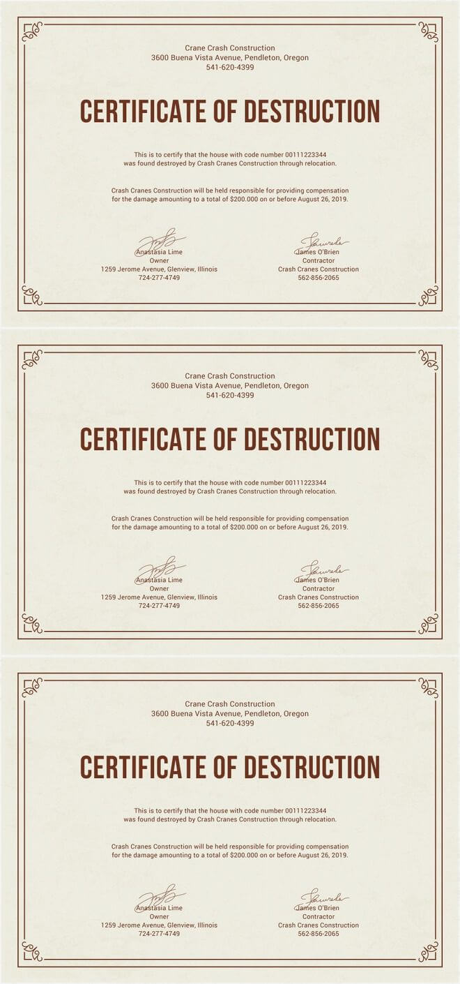 Free Certificate Of Destruction | Free Certificate Templates Intended For Free Certificate Of Destruction Template