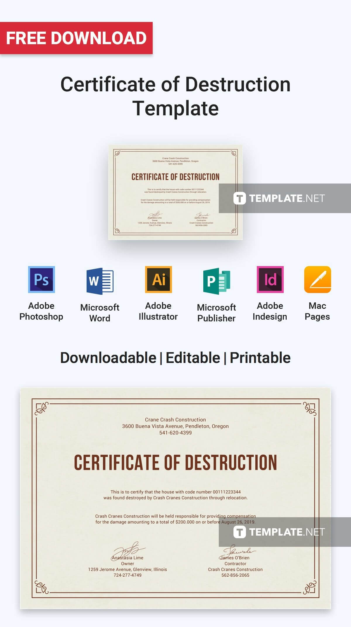 Free Certificate Of Destruction | Free Certificate Templates With Regard To Free Certificate Of Destruction Template