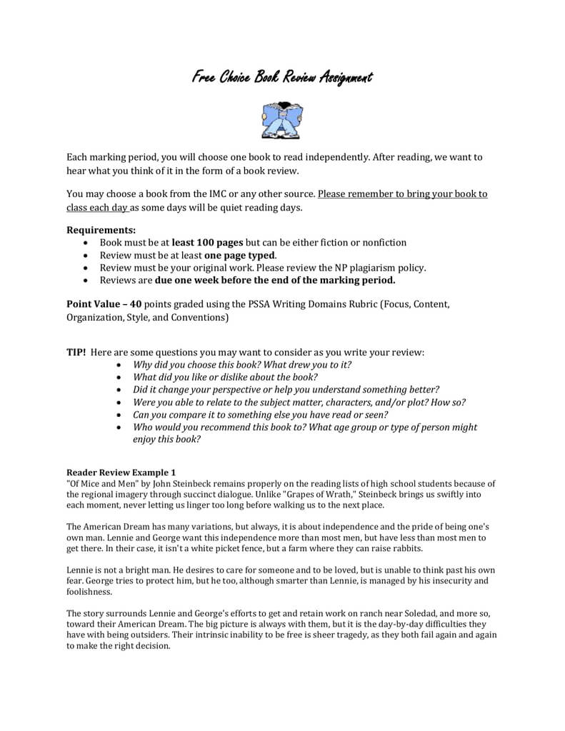 Free Choice Book Review Assignment With Regard To One Page Book Report Template