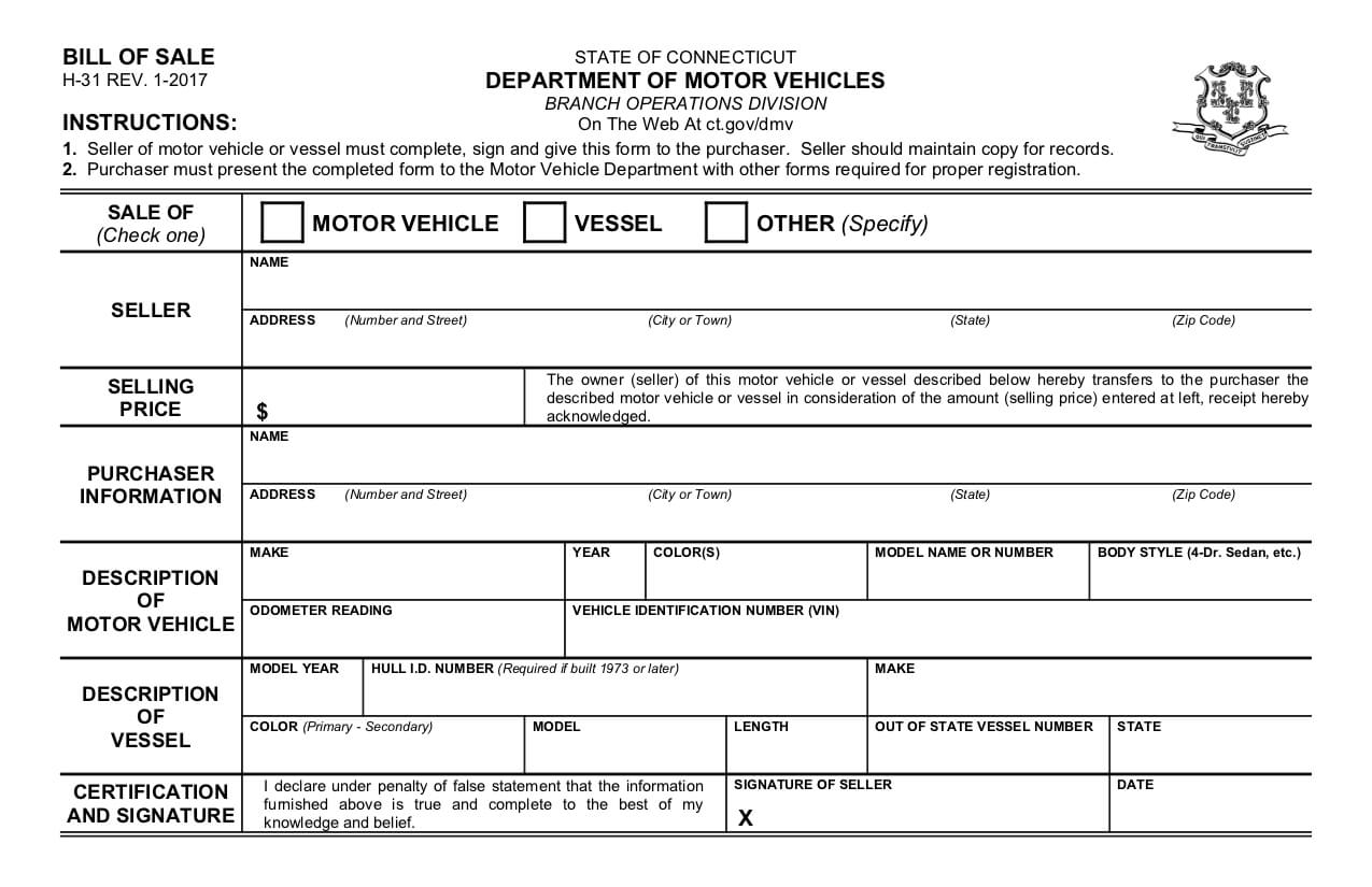 Free Connecticut Bill Of Sale Form – Pdf Template Pertaining To Certificate Of Origin For A Vehicle Template